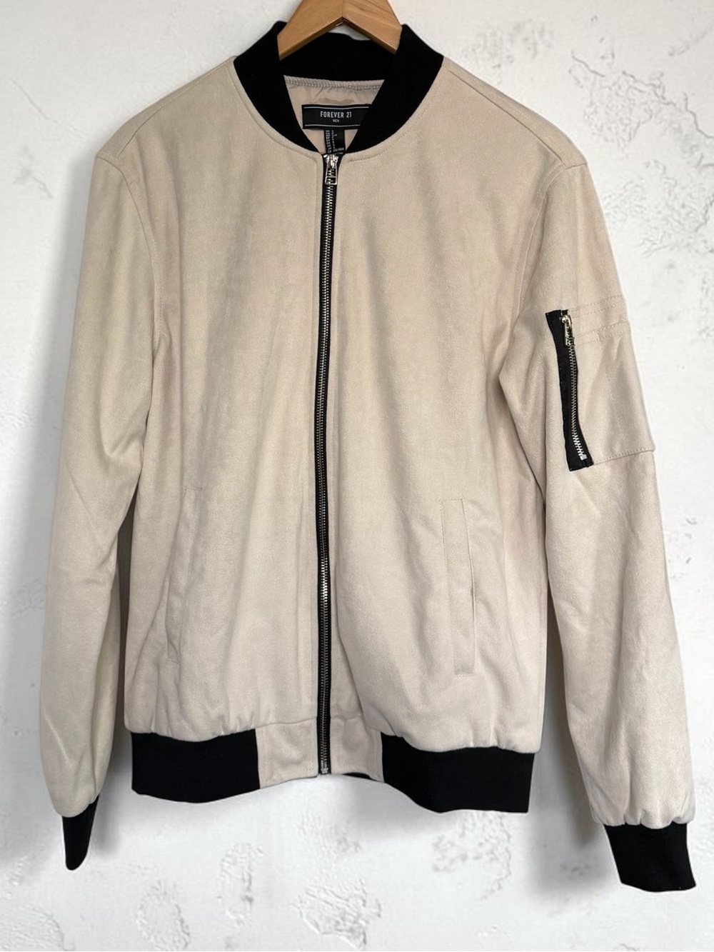 Forever 21 Men Faux Suede Bomber Jacket Ivory Cream Full Zip NWT Size Small